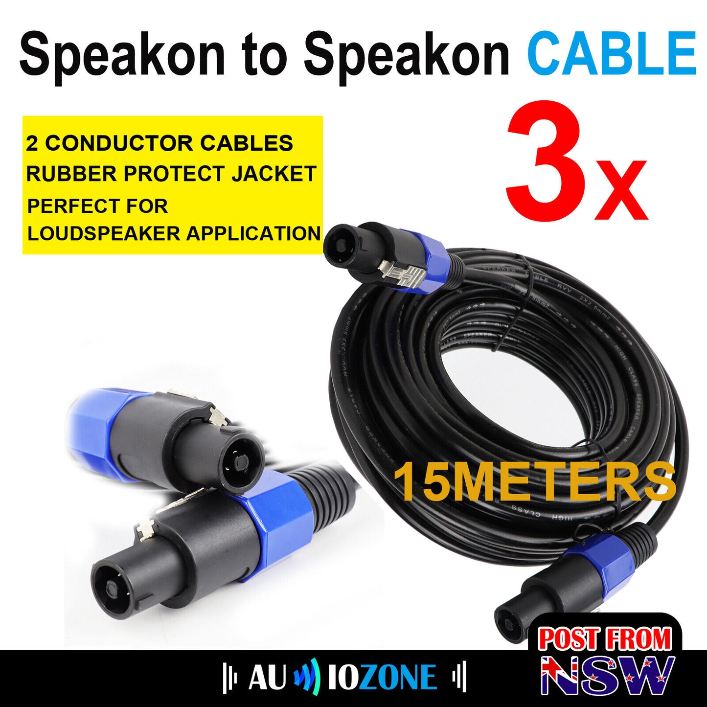 15Meters Speakon to Speakon Cable Speaker Amplifier Wire Extension Cord 3PCS